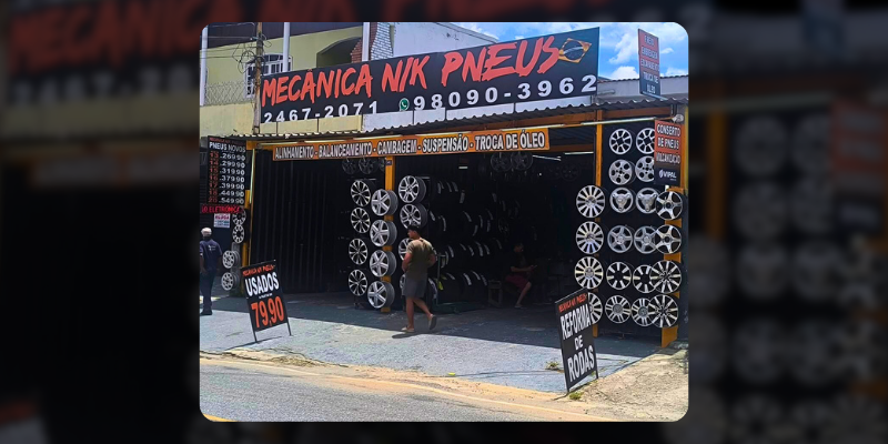 Fachada real da loja Mecânica Nik Pneus localizada em Guarulhos - Serviços de alinhamento, balanceamento, troca de óleo e venda de pneus novos, usados e remold